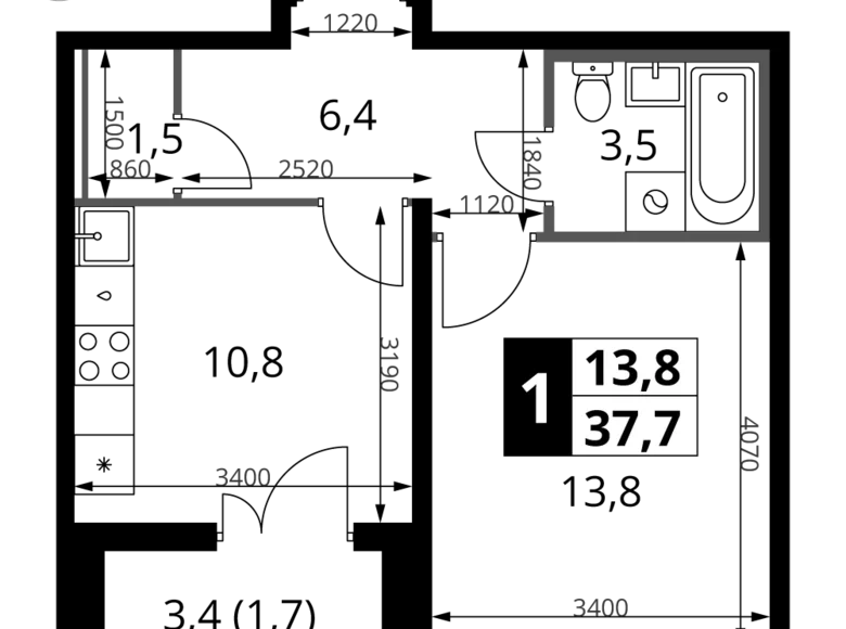 Квартира 1 комната 38 м² Химки, Россия