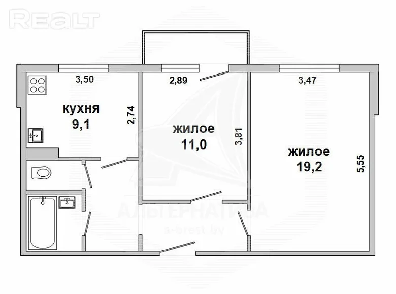 2 room apartment 53 m² Damachava, Belarus