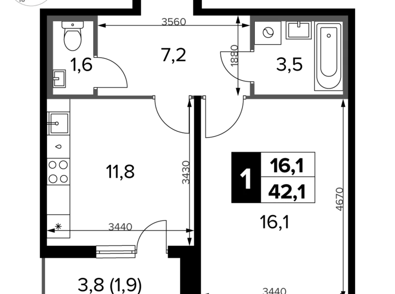 1 room apartment 42 m² Sapronovo, Russia