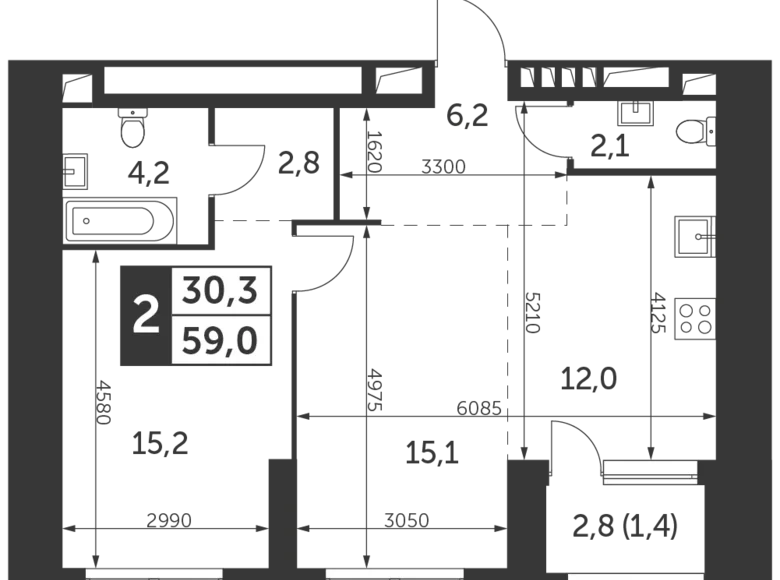 2 room apartment 59 m² Konkovo District, Russia