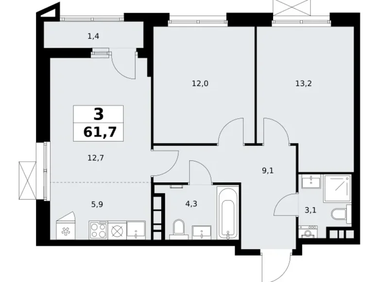 3 room apartment 62 m² poselenie Sosenskoe, Russia