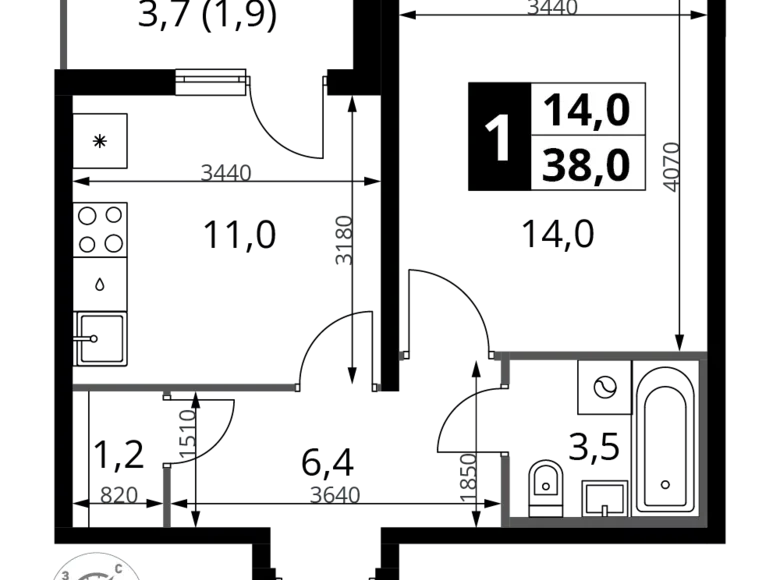 Apartamento 1 habitación 38 m² Moscú, Rusia