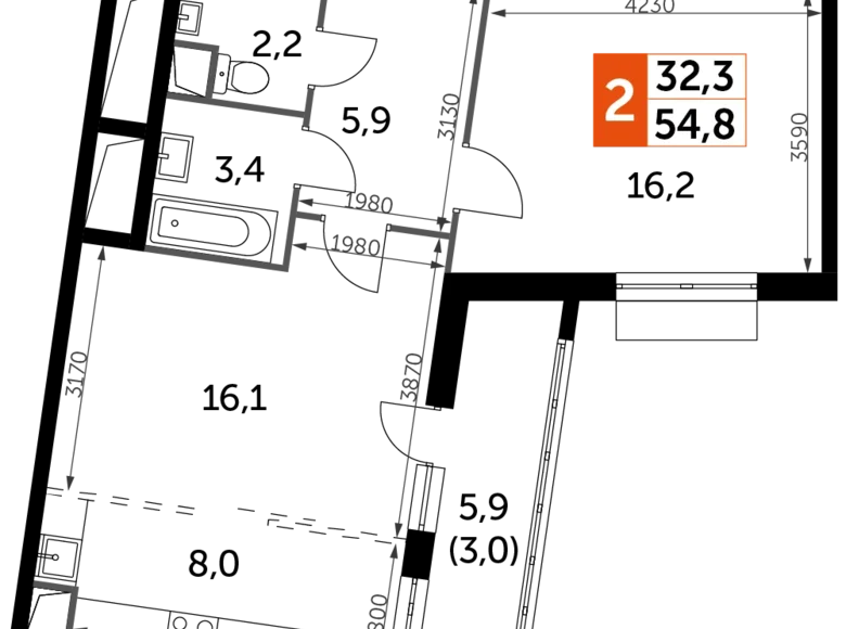 Квартира 2 комнаты 55 м² Развилка, Россия