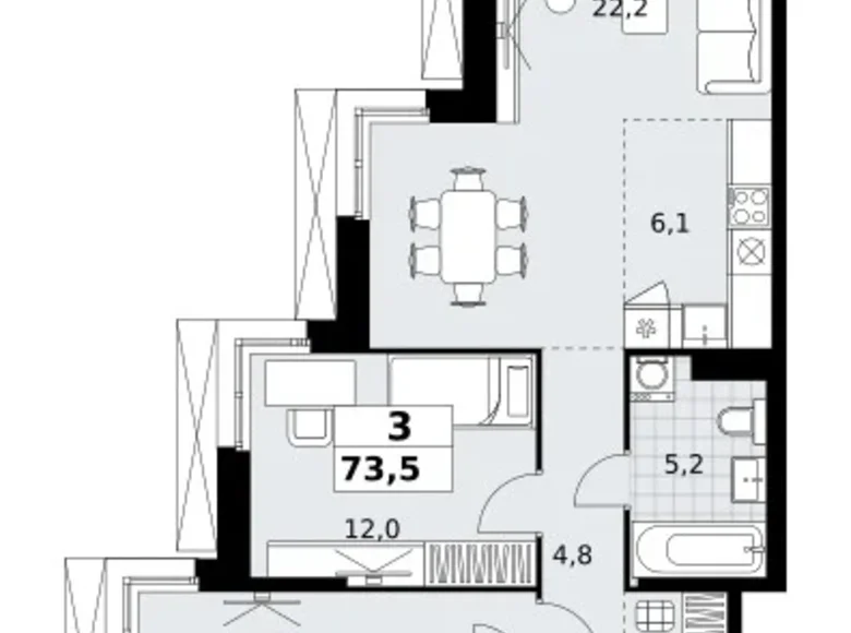3 room apartment 74 m² Kommunarka, Russia