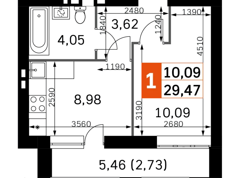 Квартира 1 комната 29 м² Одинцовский городской округ, Россия