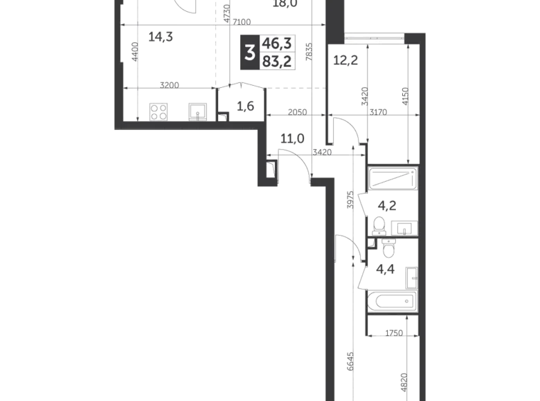 3 room apartment 83 m² North-Eastern Administrative Okrug, Russia