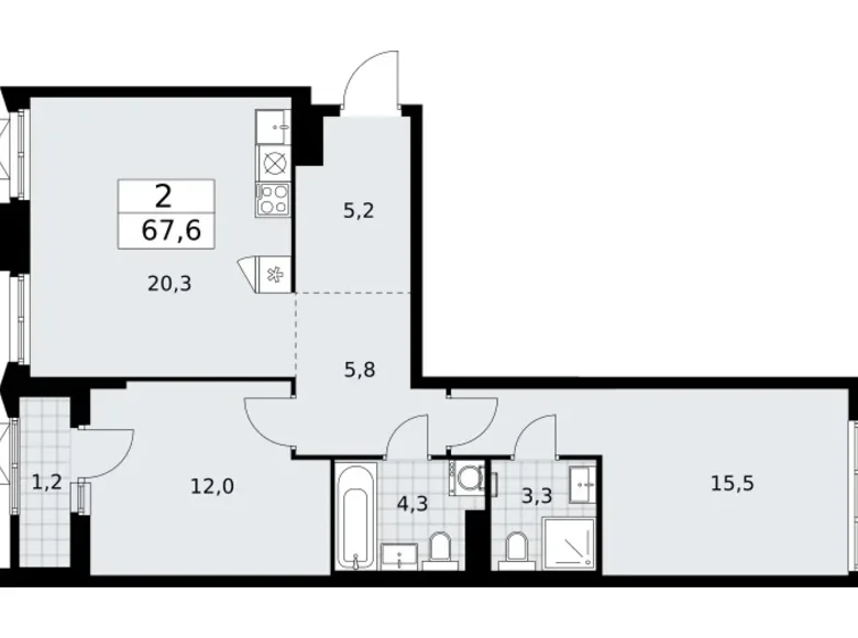 2 room apartment 68 m² Troitsk, Russia