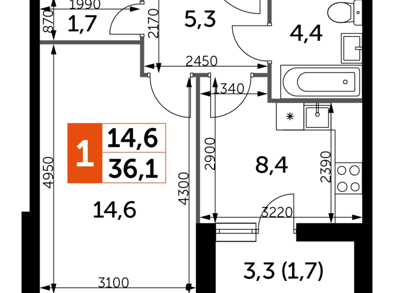 Квартира 1 комната 36 м² Развилка, Россия