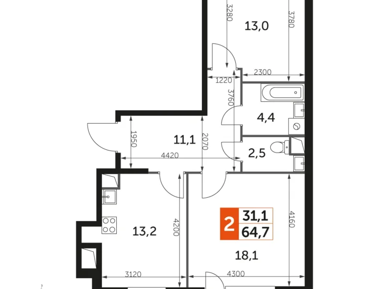 Mieszkanie 2 pokoi 65 m² Razvilka, Rosja