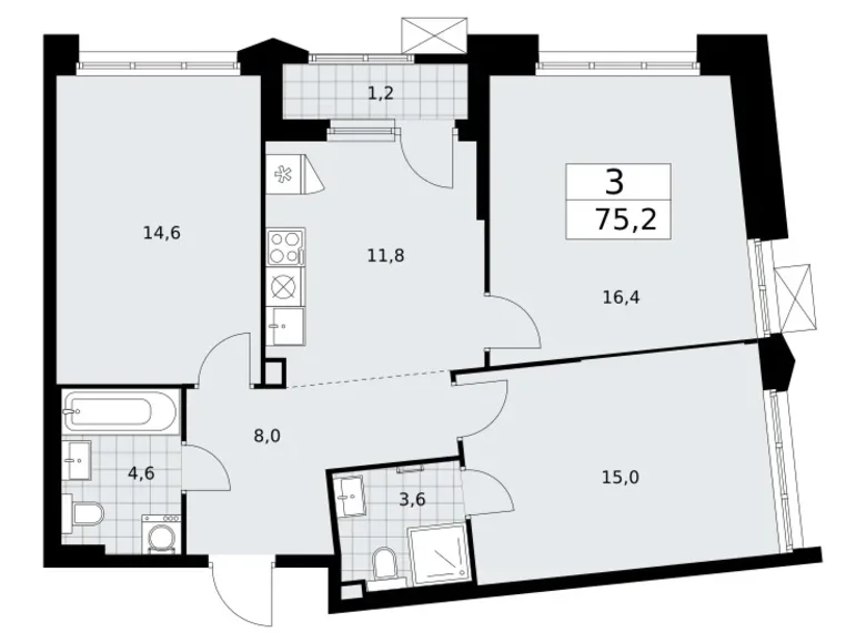Apartamento 3 habitaciones 75 m² Troitsk, Rusia