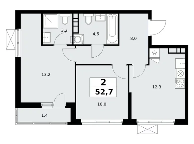 2 room apartment 53 m² Moscow, Russia