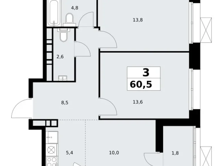 3 room apartment 61 m² Kommunarka, Russia