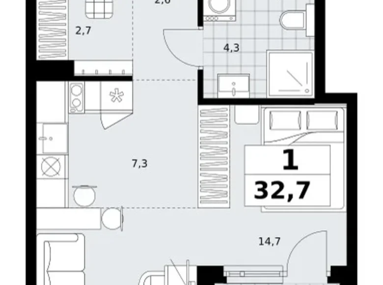 1 room apartment 33 m² Kommunarka, Russia