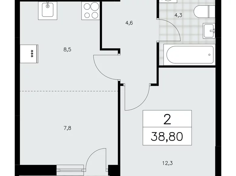 2 room apartment 39 m² Moscow, Russia