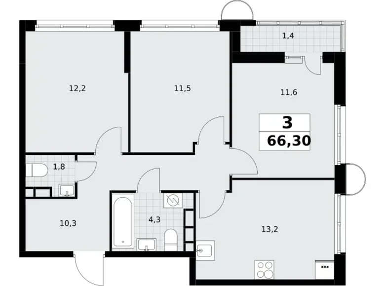 Appartement 3 chambres 66 m² Postnikovo, Fédération de Russie