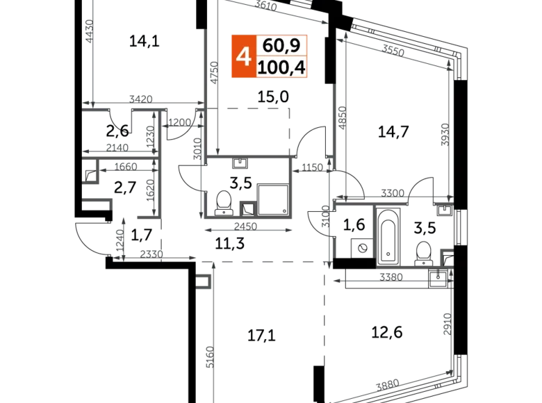 Квартира 4 комнаты 100 м² Москва, Россия