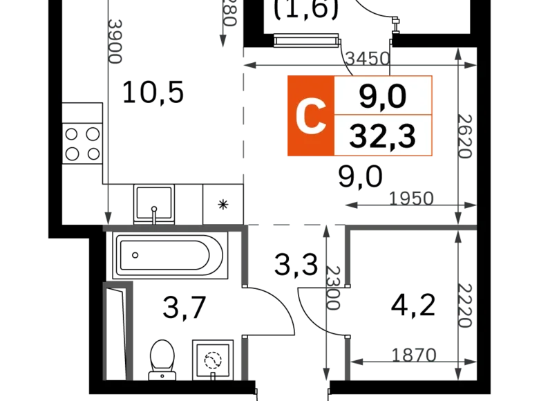 Студия 1 комната 32 м² Москва, Россия