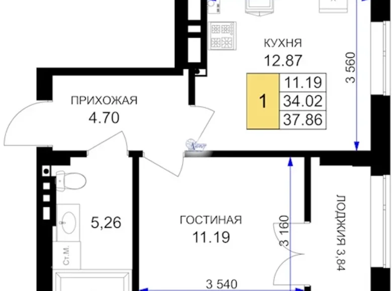 1 room apartment 38 m² Nowy, Russia