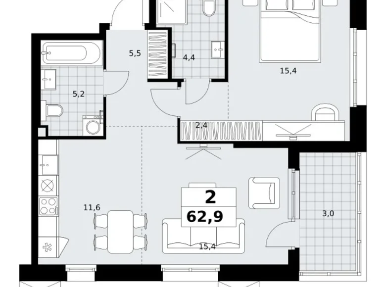 Mieszkanie 2 pokoi 63 m² Kommunarka, Rosja