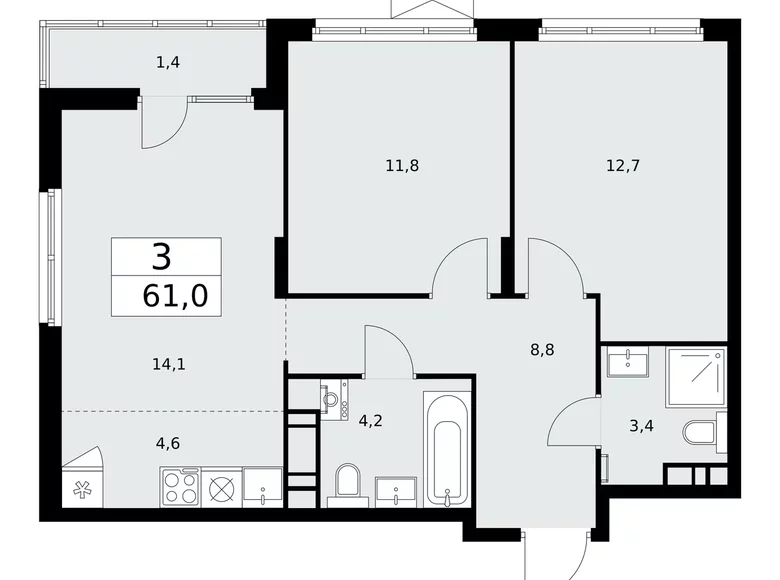 Apartamento 3 habitaciones 61 m² poselenie Desenovskoe, Rusia