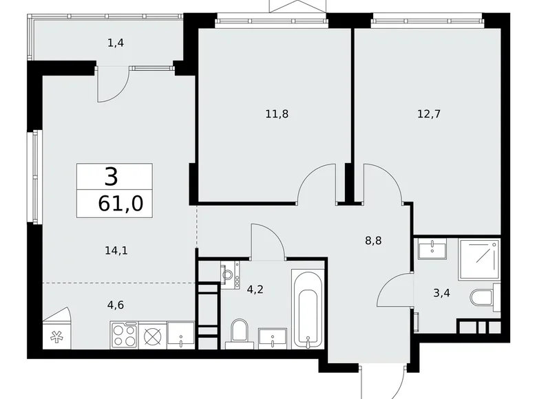 Квартира 3 комнаты 61 м² поселение Десёновское, Россия