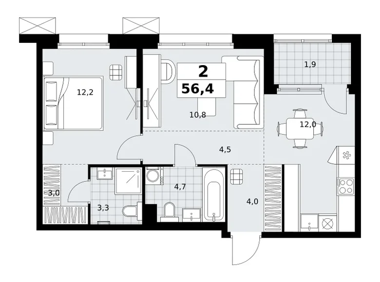 Appartement 2 chambres 56 m² Kommunarka, Russie