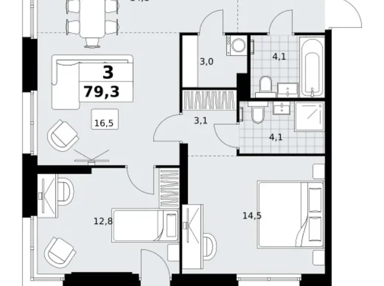 3 room apartment 79 m² Kommunarka, Russia