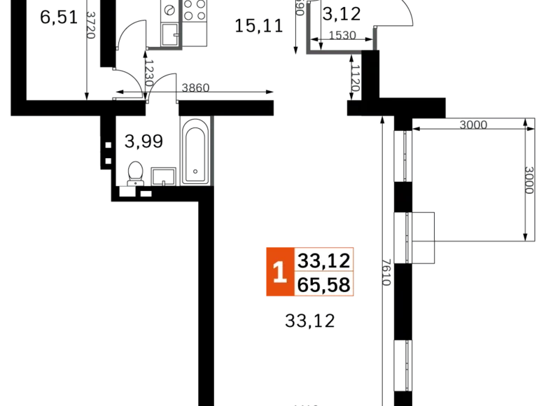 Квартира 1 комната 66 м² Одинцовский городской округ, Россия