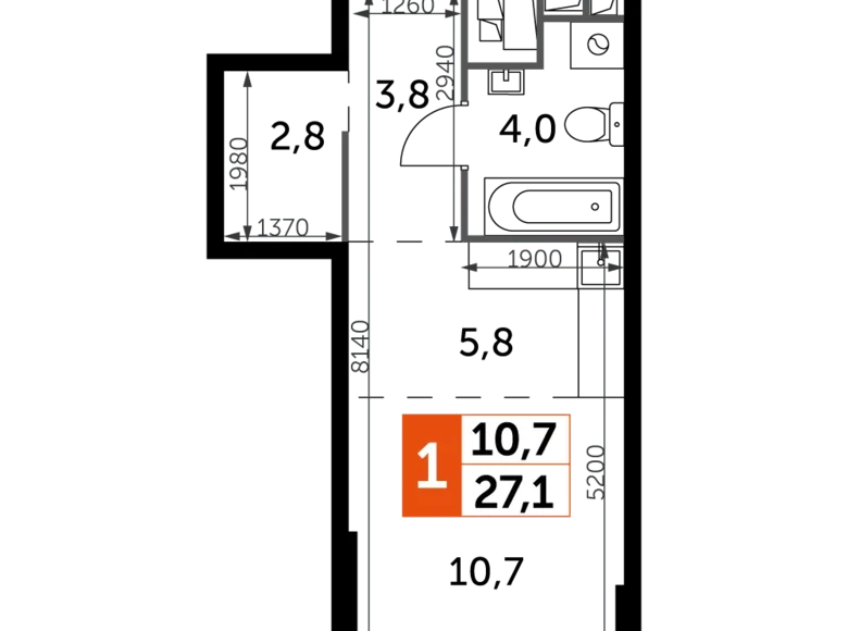 Студия 1 комната 27 м² Москва, Россия