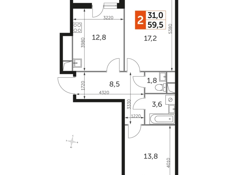 Квартира 2 комнаты 60 м² Развилка, Россия