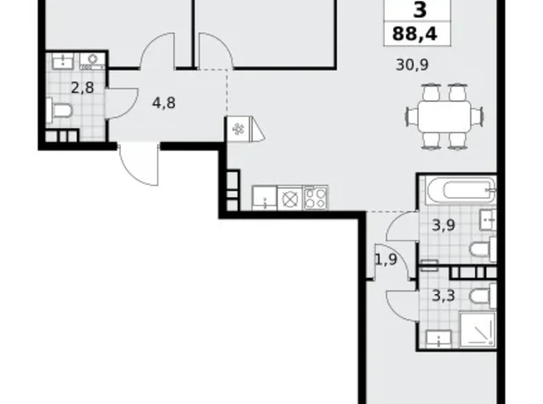 3 room apartment 88 m² poselenie Sosenskoe, Russia