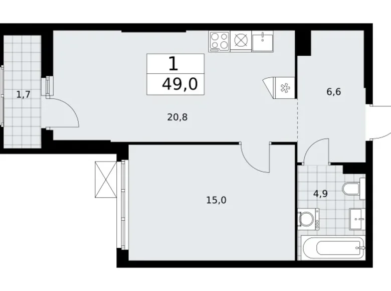 1 room apartment 49 m² Troitsk, Russia