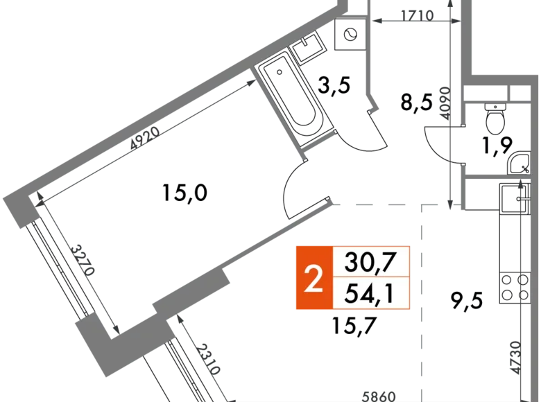 Mieszkanie 2 pokoi 54 m² Konkovo District, Rosja