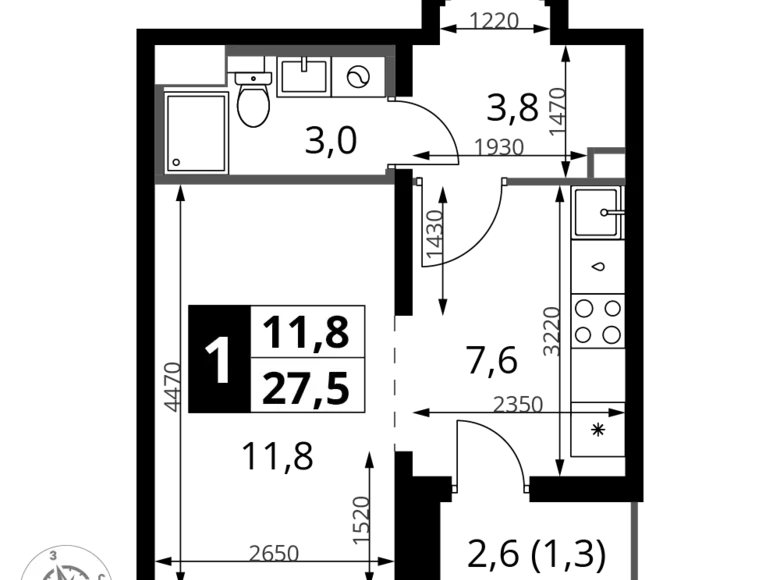 Студия 1 комната 28 м² Ленинский район, Россия