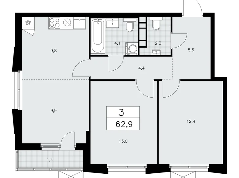 Wohnung 3 Zimmer 63 m² poselenie Sosenskoe, Russland