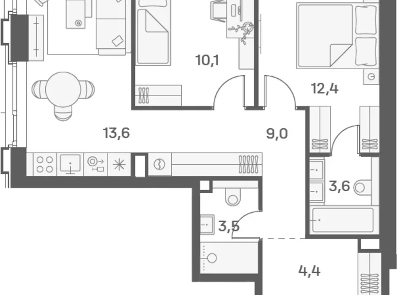 2 bedroom apartment 57 m² Moscow, Russia