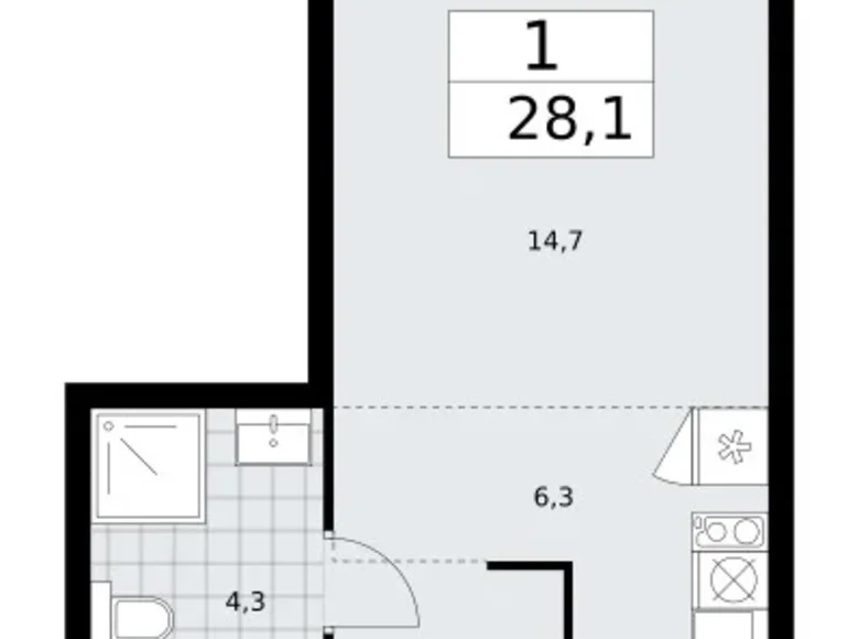 1 room apartment 28 m² Troitsk, Russia