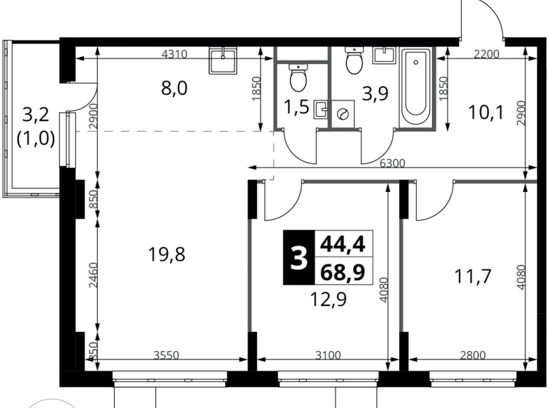 Apartamento 3 habitaciones 69 m² Potapovo, Rusia