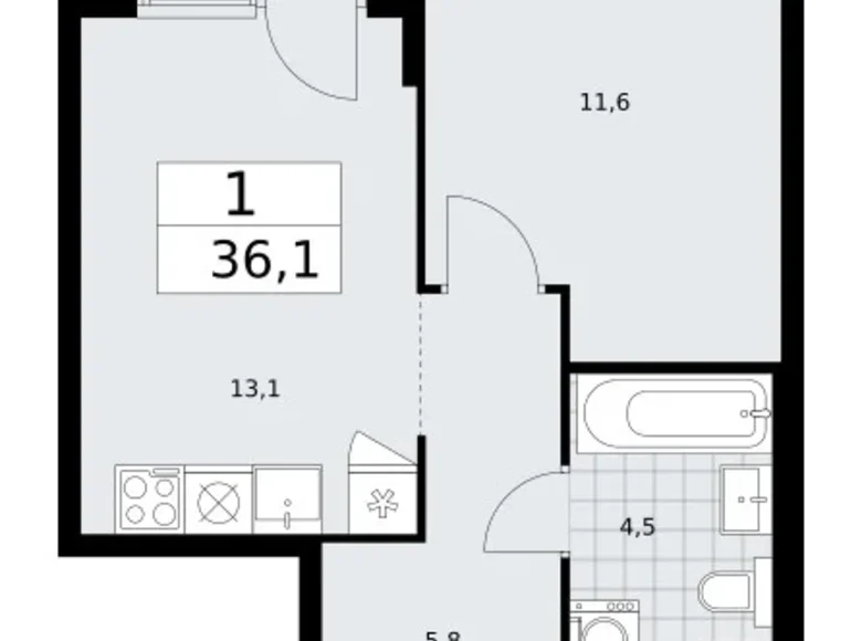 Квартира 1 комната 36 м² район Троицк, Россия