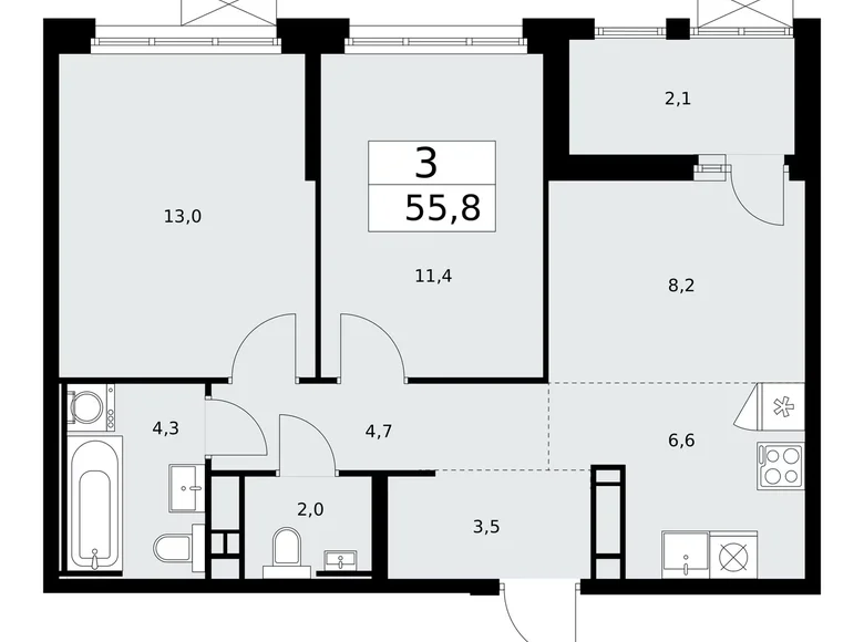 Квартира 3 комнаты 56 м² Москва, Россия