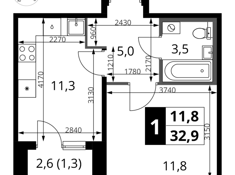 Квартира 1 комната 33 м² Химки, Россия