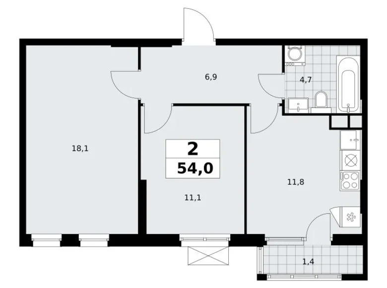 2 room apartment 54 m² South-Western Administrative Okrug, Russia