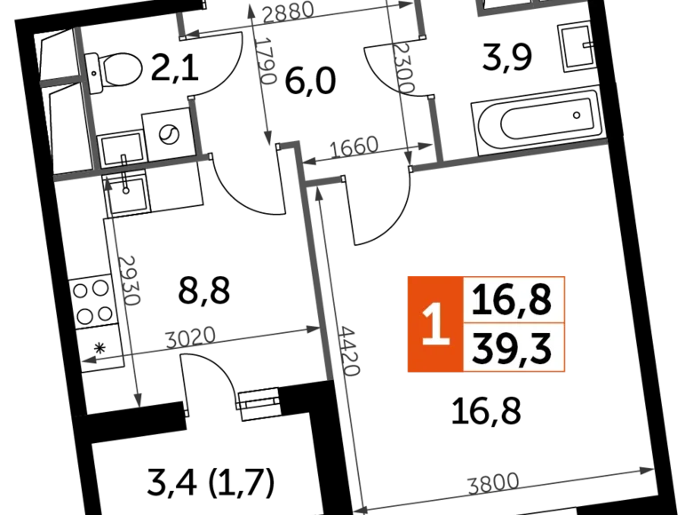 Квартира 1 комната 39 м² Развилка, Россия