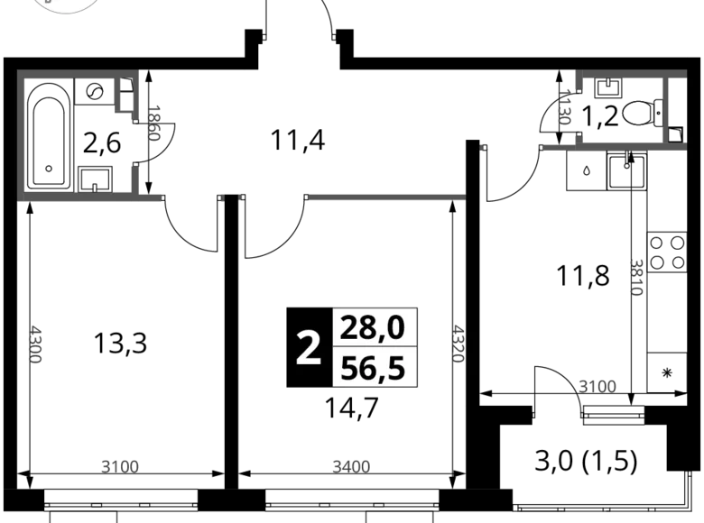 Apartamento 2 habitaciones 57 m² Sapronovo, Rusia