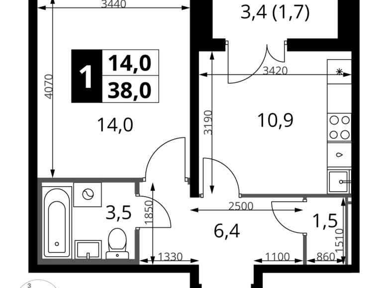 Квартира 1 комната 38 м² Ленинский район, Россия