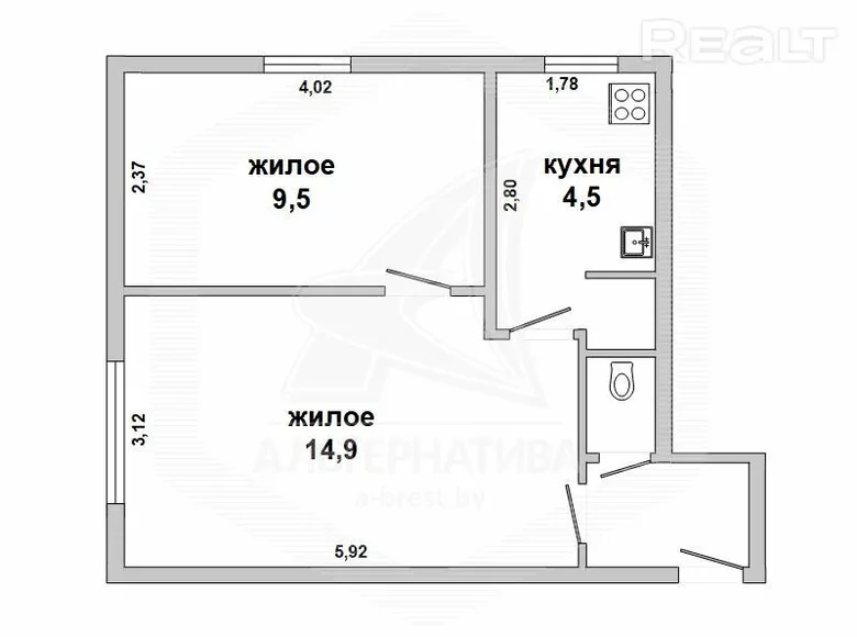 Квартира 2 комнаты 33 м² Брест, Беларусь