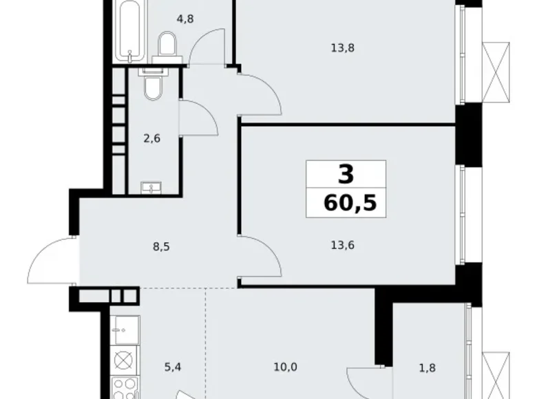3 room apartment 61 m² Kommunarka, Russia