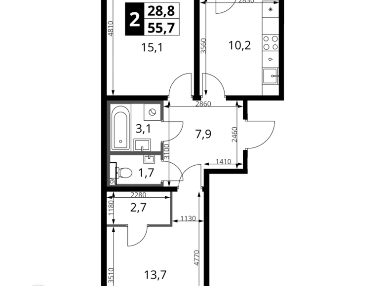 Appartement 2 chambres 56 m² Leninsky District, Fédération de Russie