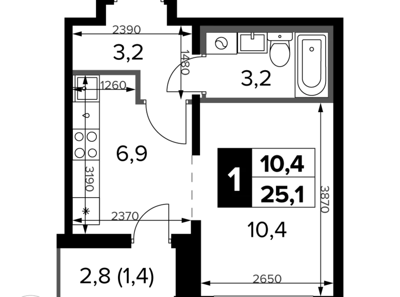 1 room apartment 25 m² Potapovo, Russia