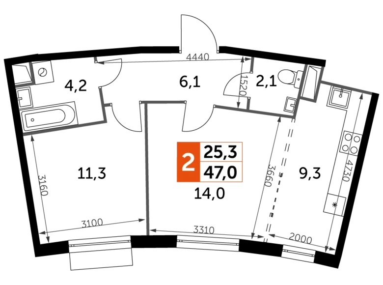 Квартира 2 комнаты 48 м² Развилка, Россия